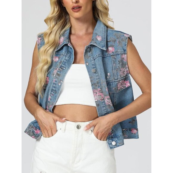 Denim Vest Women Sleeveless Floral Printed Cropped Jacket Casual - Picture 2 of 6